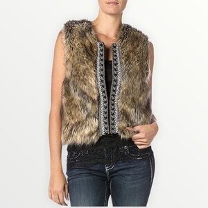 MISS ME Embroidered Faux Fur Boho Streetwear Vest sz M